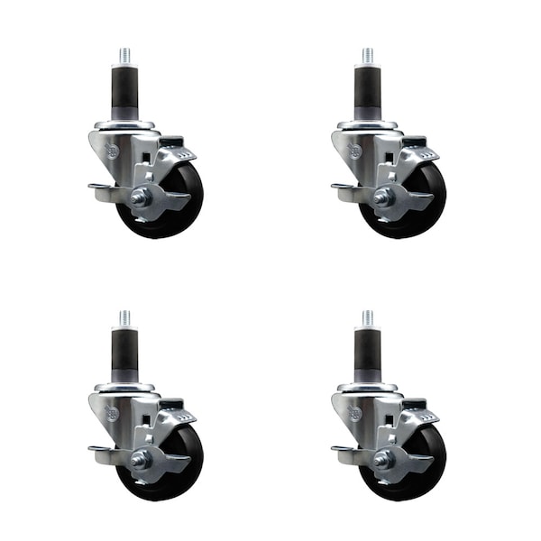 Service Caster 3'' SS Hard Rubber Swivel 1-1/4'' Expanding Stem Caster Set with Brake, 4PK SCC-SSEX20S314-HRS-TLB-114-4 - main